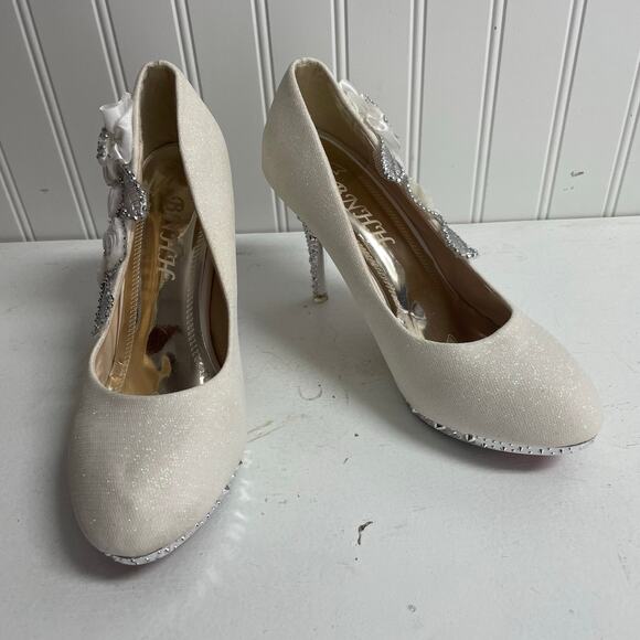 BNHH 9.5 (41) white silver high heeled shoe bridal rose glitter pump formal boho - Picture 1 of 7